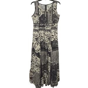 Coldwater Creek Artsy Boho Maxi Dress Size 8 Abstract Black Cream Cotton Coastal